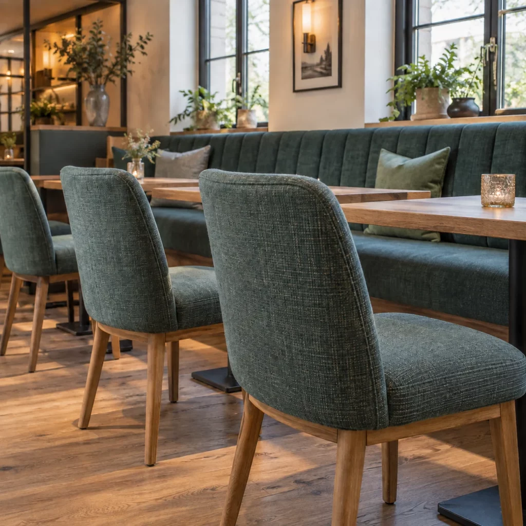 Gepolsterte Restaurantst&uuml;hle und Sitzbank mit gr&uuml;nblauen Bez&uuml;gen in einem Gastraum
