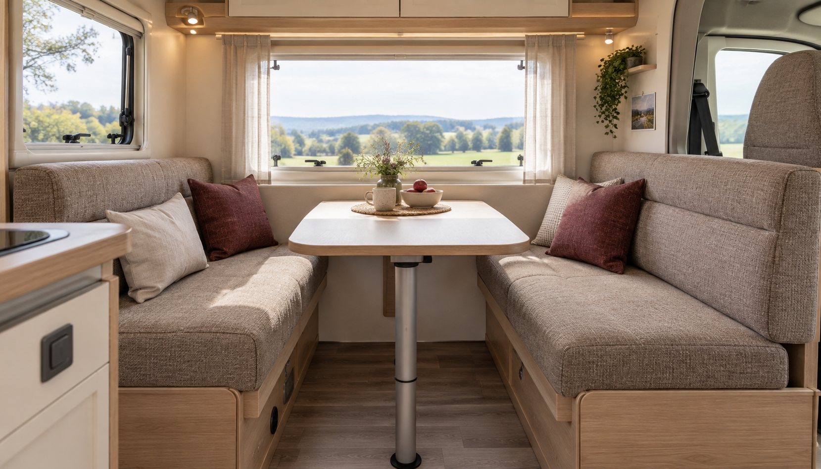 Wohnmobil-Sitzgruppe mit beigegrauen Polstern, roten Kissen und einem hellen Holztisch.